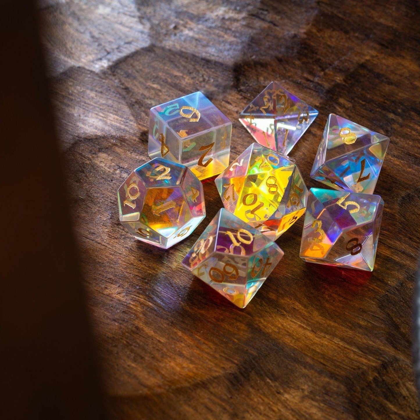 Gemstone Dichroic Glass Hand Carved DND Dice Set - Full Set And Free Dice Box