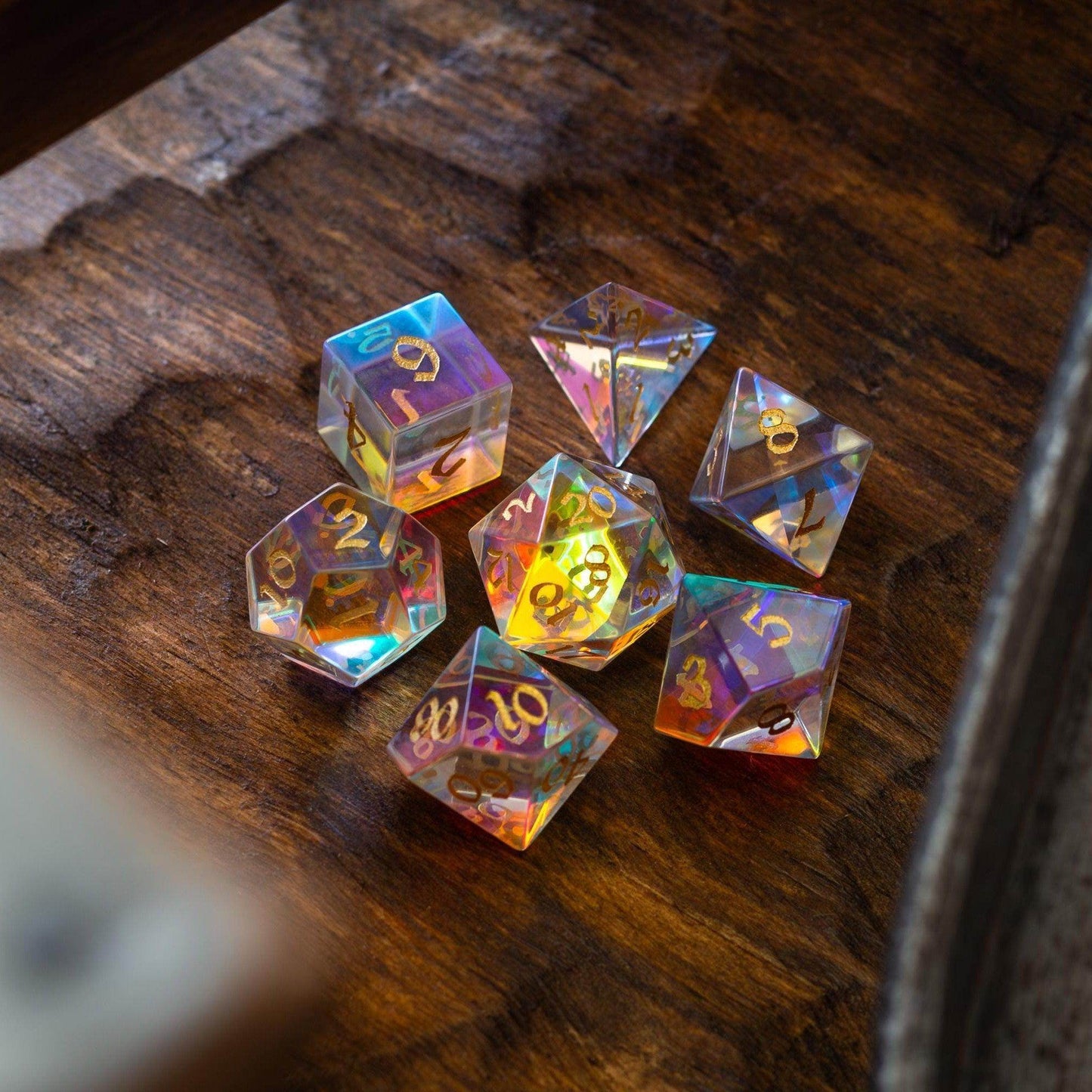 Gemstone Dichroic Glass Hand Carved DND Dice Set - Full Set And Free Dice Box