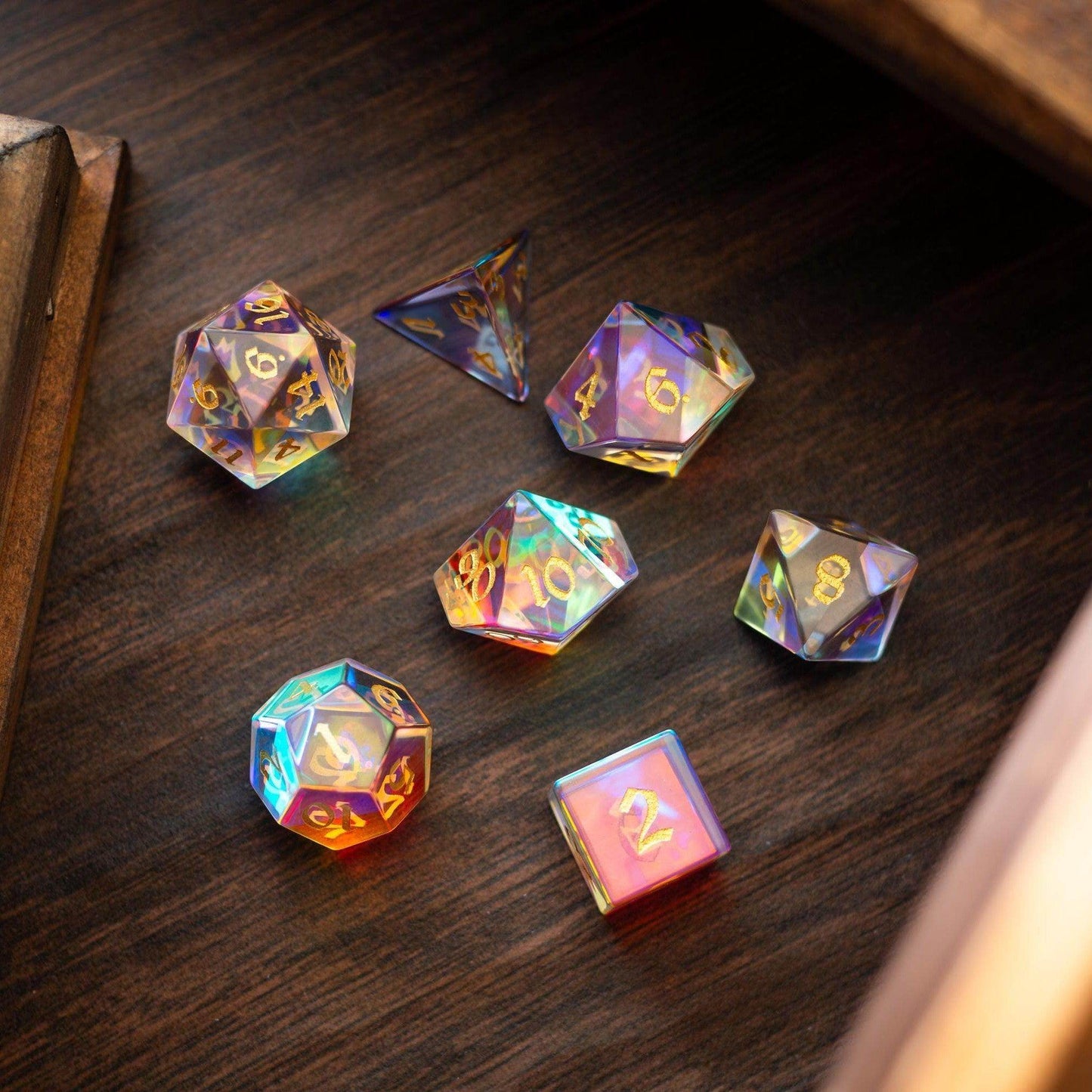 Gemstone Dichroic Glass Hand Carved DND Dice Set - Full Set And Free Dice Box