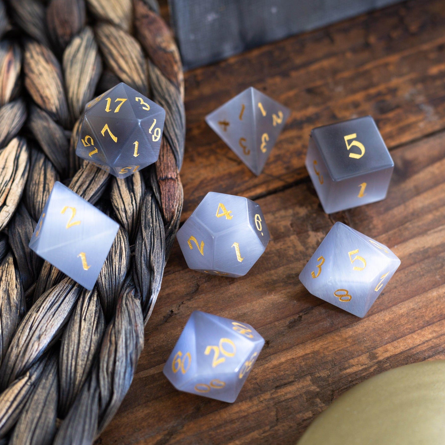 Gemstone Gray Cats Eye Stone DND Dice Set - Full Set And Free Dice Box