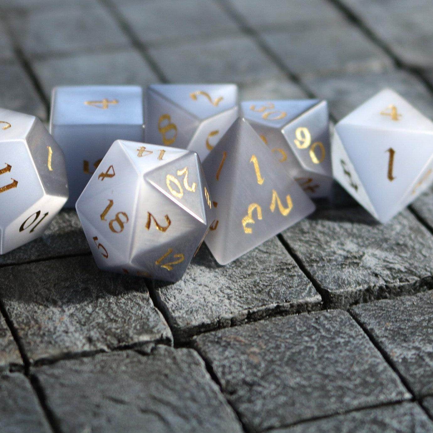 Gemstone Gray Cats Eye Stone DND Dice Set - Full Set And Free Dice Box