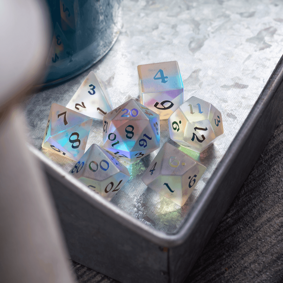 Gemstone (Inked) Raised Dichroic Glass DND Dice Set - Full Set With Box