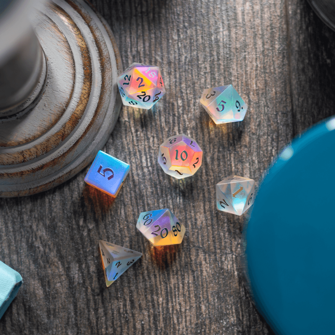 Gemstone (Inked) Raised Dichroic Glass DND Dice Set - Full Set With Box
