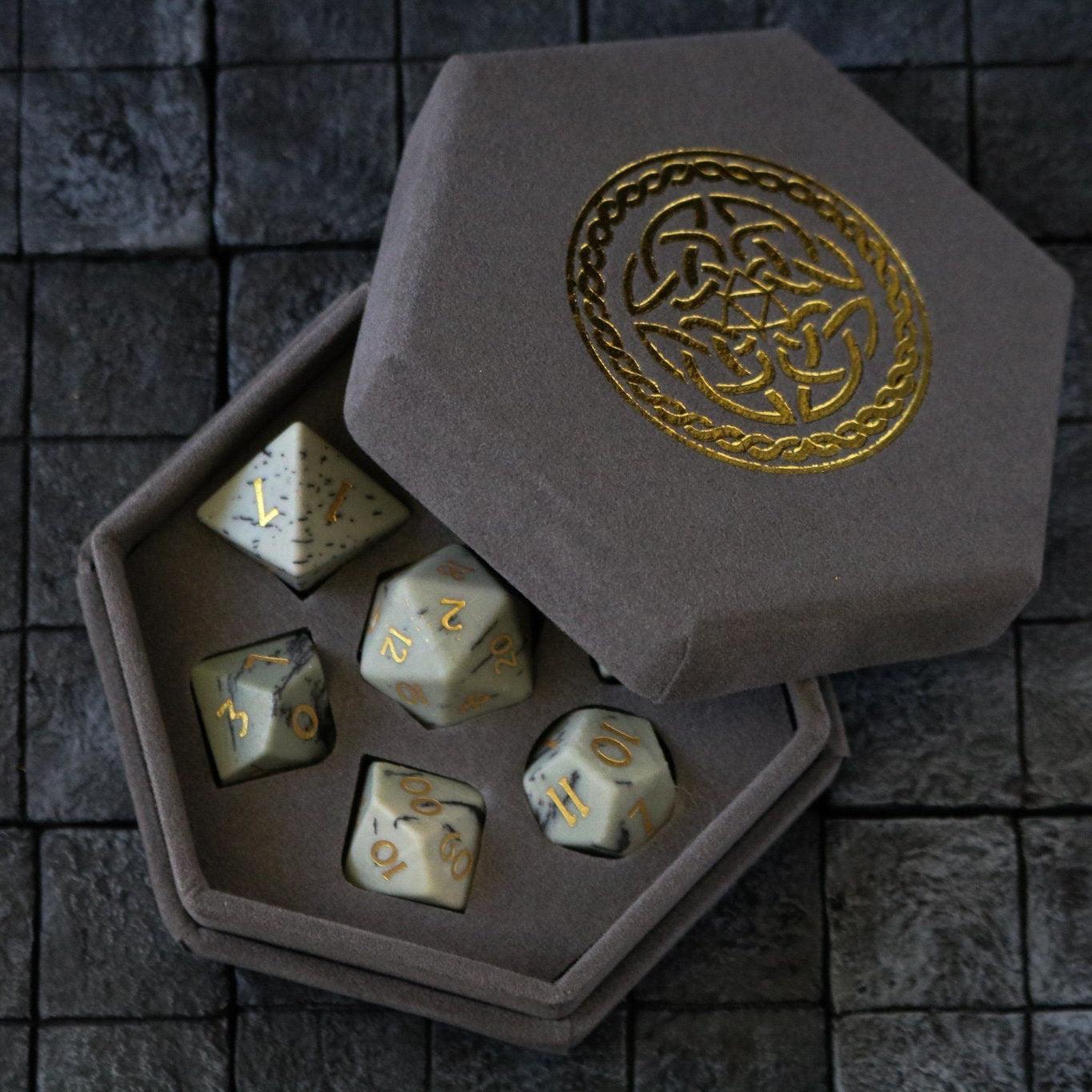 Gemstone Jasper Hand Carved (And Box) DND Dice Set