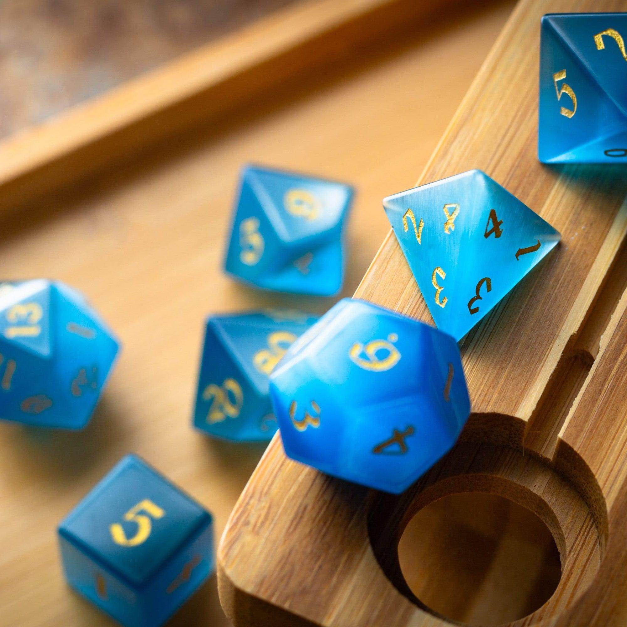 Gemstone Light Blue Cats Eye Stone Hand Carved DND Dice Set - Full Set And Free Dice Box