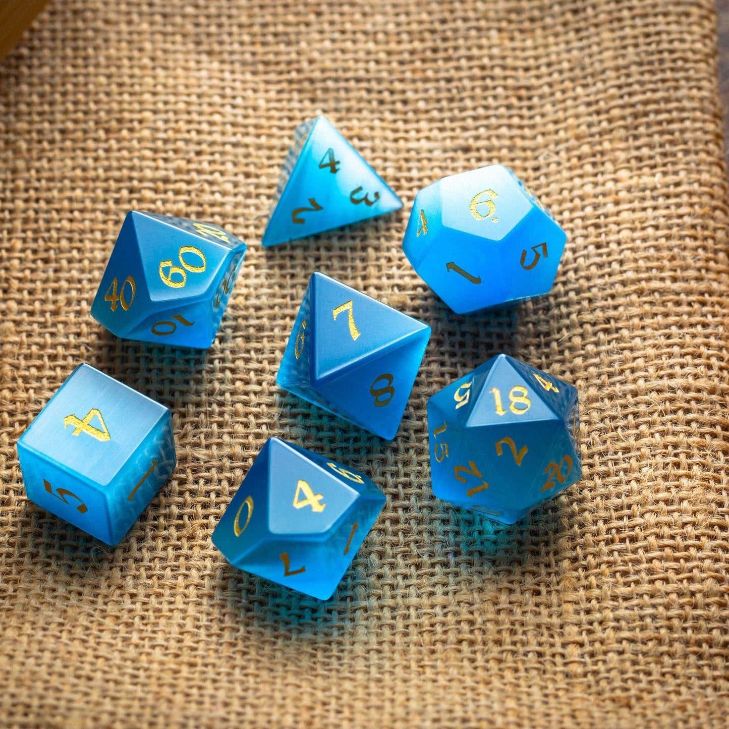Gemstone Light Blue Cats Eye Stone Hand Carved DND Dice Set - Full Set And Free Dice Box