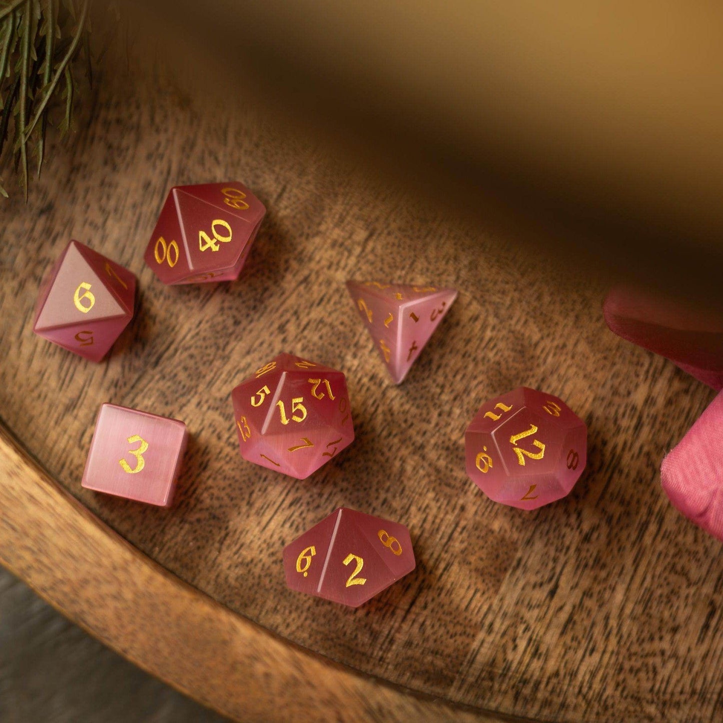 Gemstone Pink Watermelon Cats Eye Stone Hand Carved DND Dice Set - Full Set And Free Dice Box