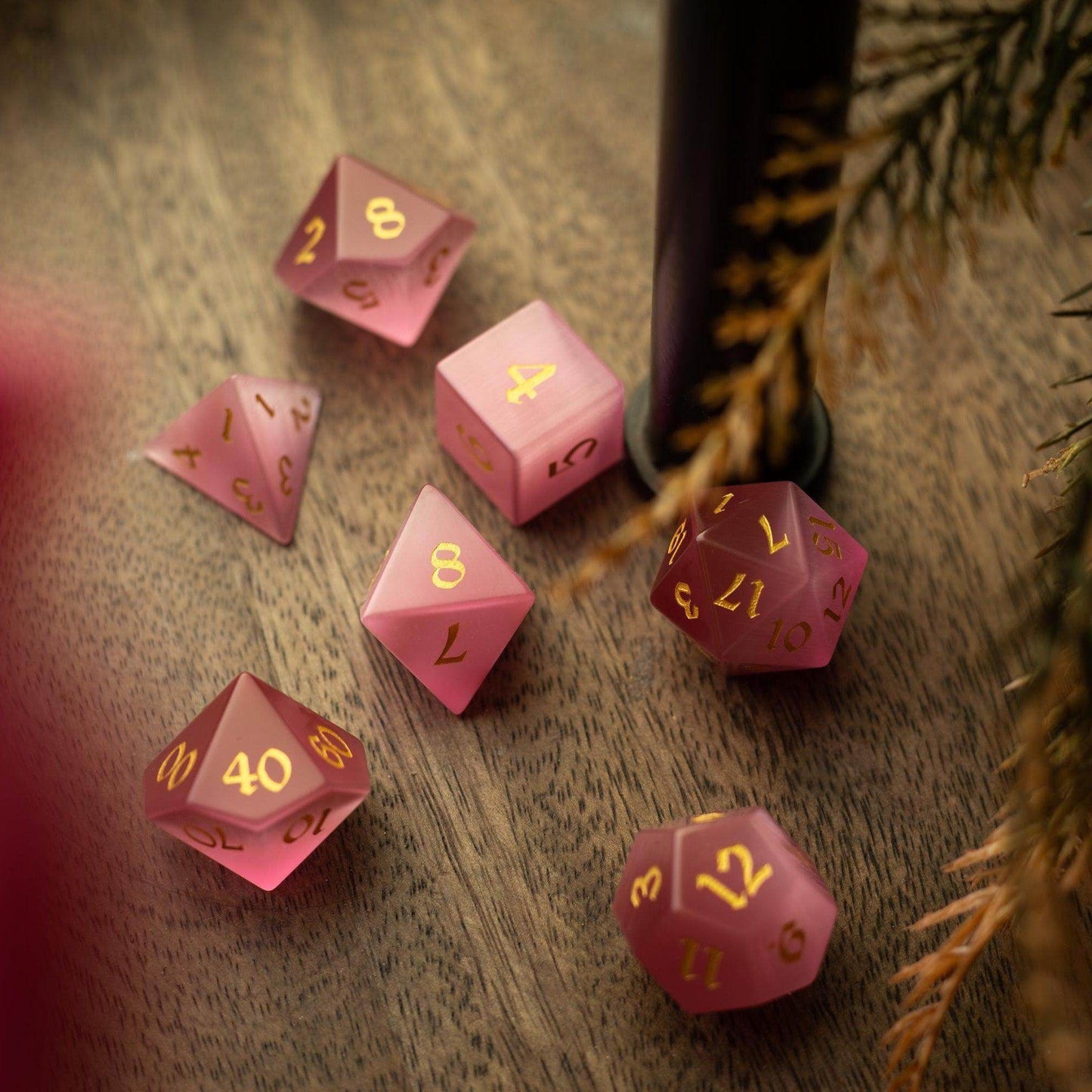 Gemstone Pink Watermelon Cats Eye Stone Hand Carved DND Dice Set - Full Set And Free Dice Box