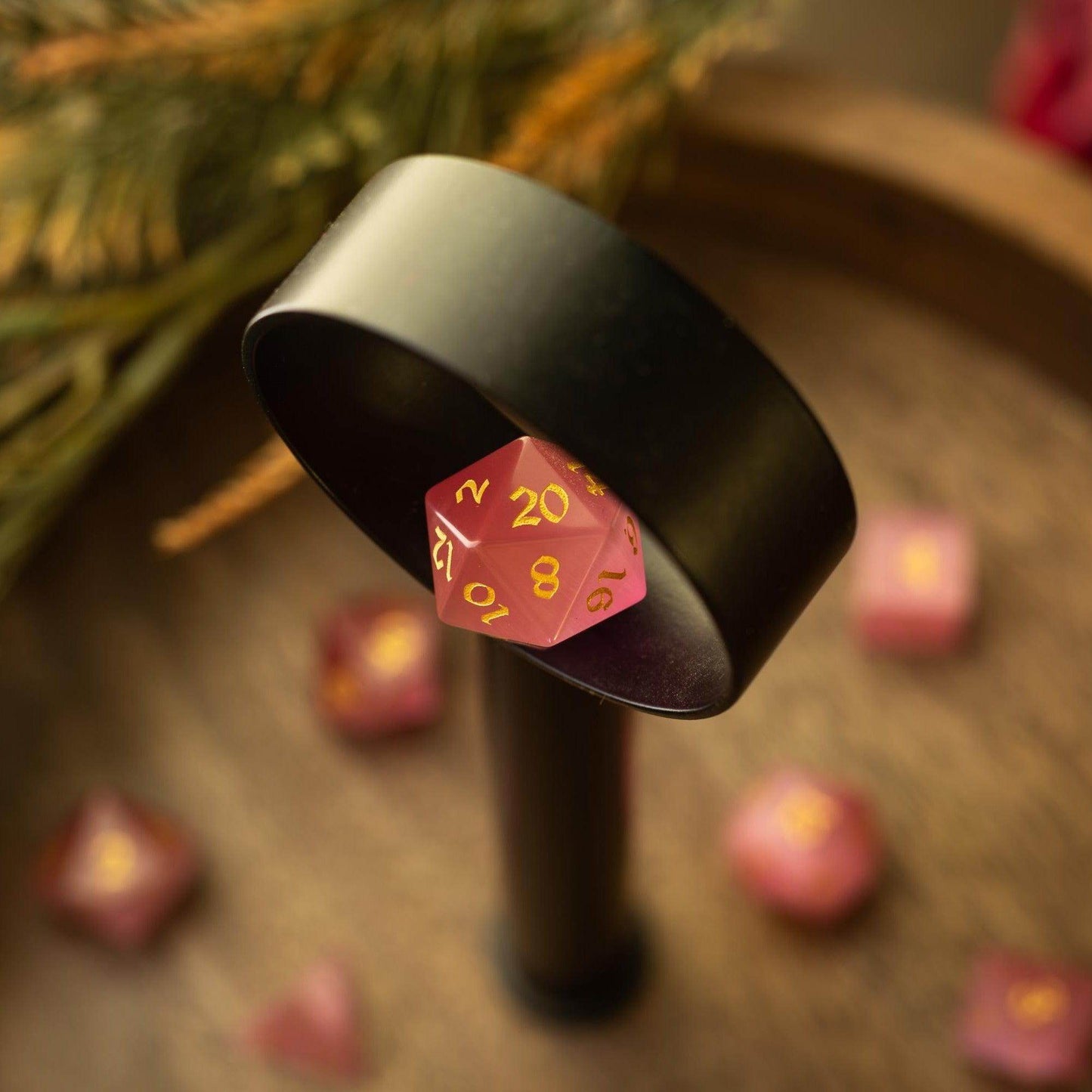 Gemstone Pink Watermelon Cats Eye Stone Hand Carved DND Dice Set - Full Set And Free Dice Box