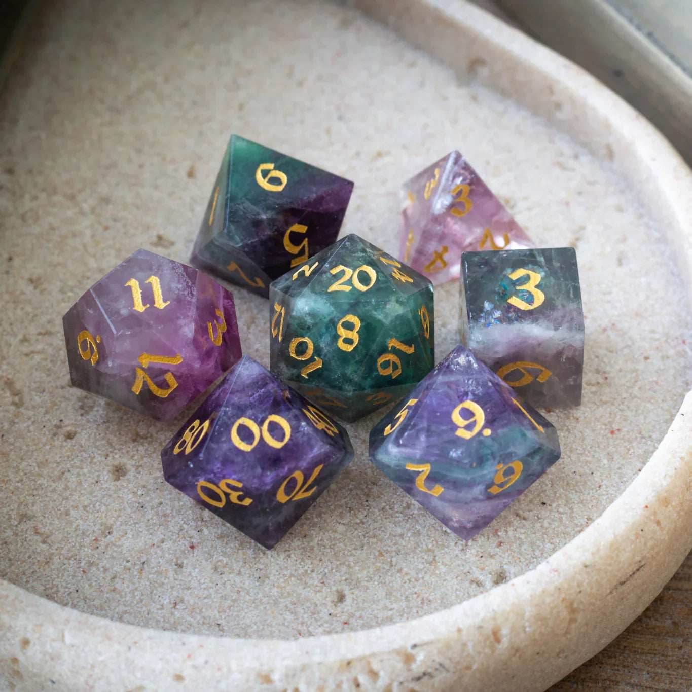 Gemstone Rainbow Fluorite Hand Carved DND Dice Set - Full Set And Free Dice Box