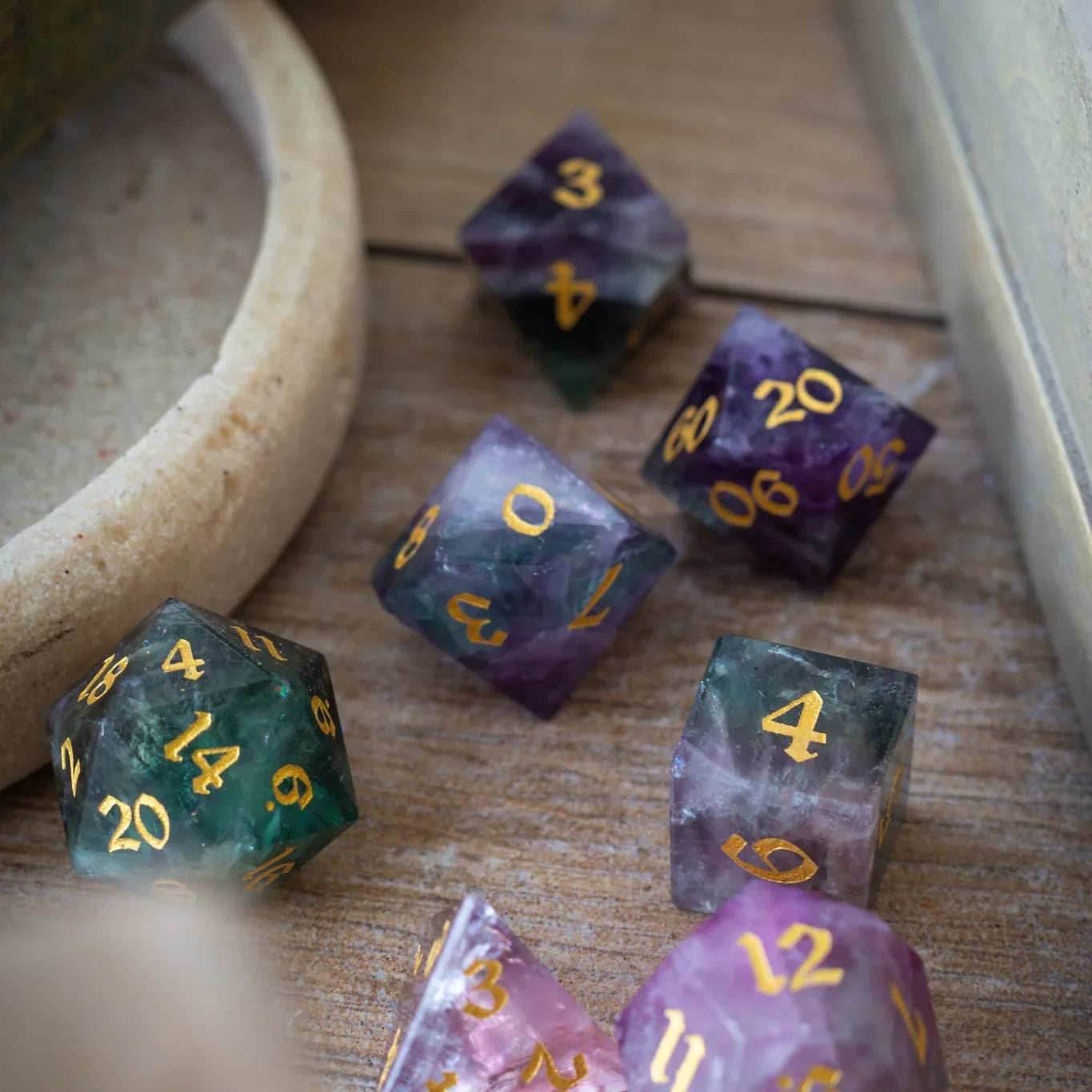 Gemstone Rainbow Fluorite Hand Carved DND Dice Set - Full Set And Free Dice Box