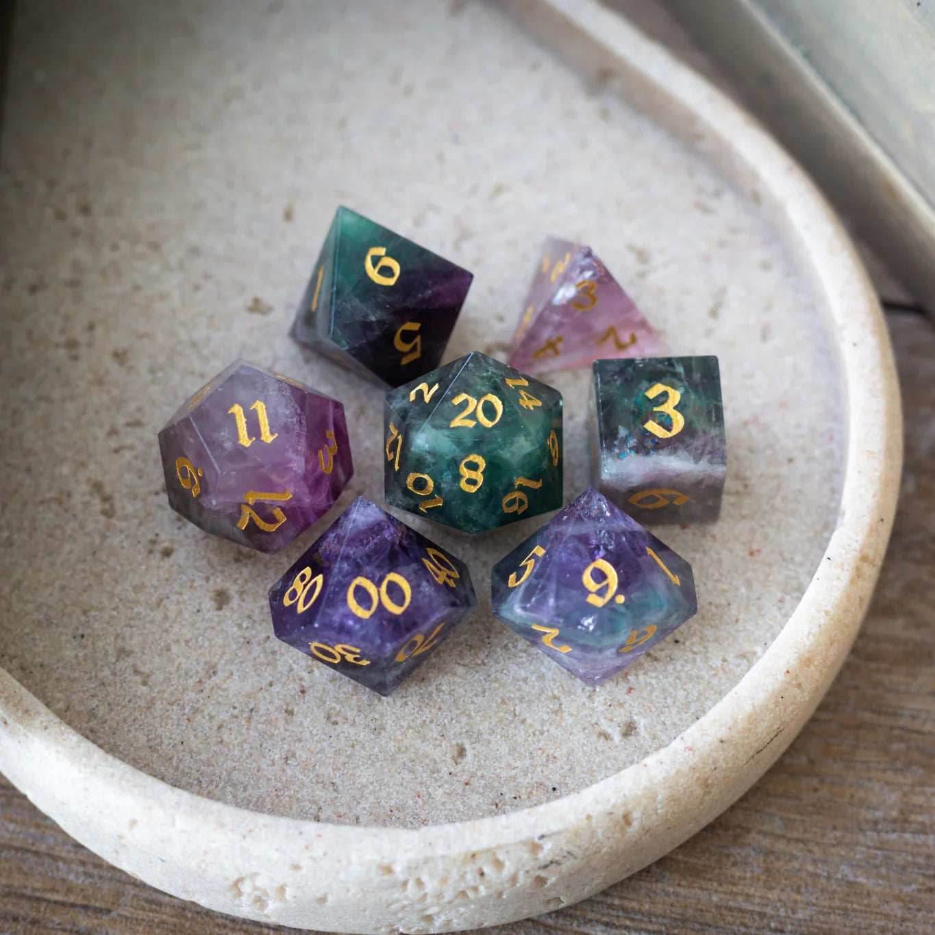 Gemstone Rainbow Fluorite Hand Carved DND Dice Set - Full Set And Free Dice Box