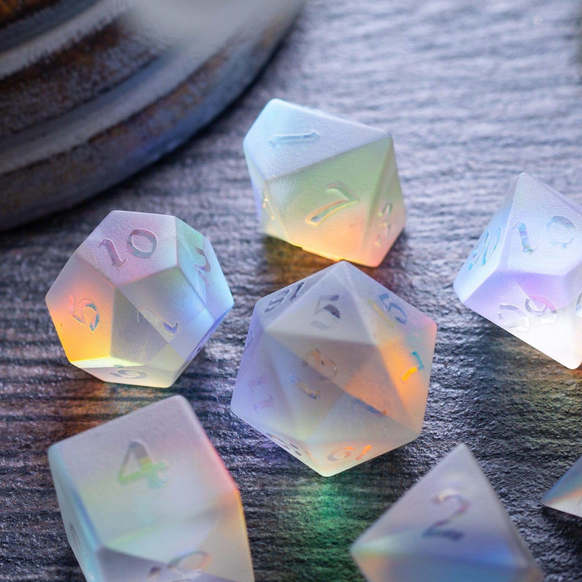 Gemstone Raised Dichroic Glass DND Dice Set - Full Set And Free Dice Box