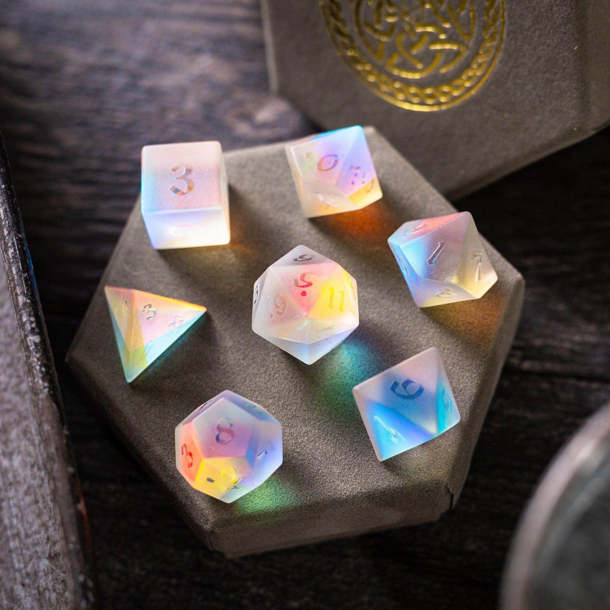 Gemstone Raised Dichroic Glass DND Dice Set - Full Set And Free Dice Box
