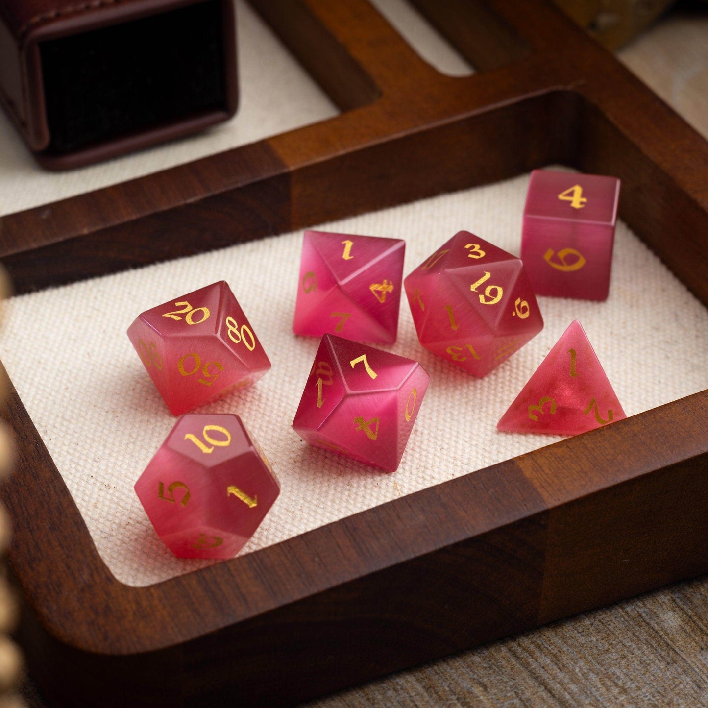 Gemstone Rose Red Cats Eye Stone Hand Carved DND Dice Set - Full Set And Free Dice Box