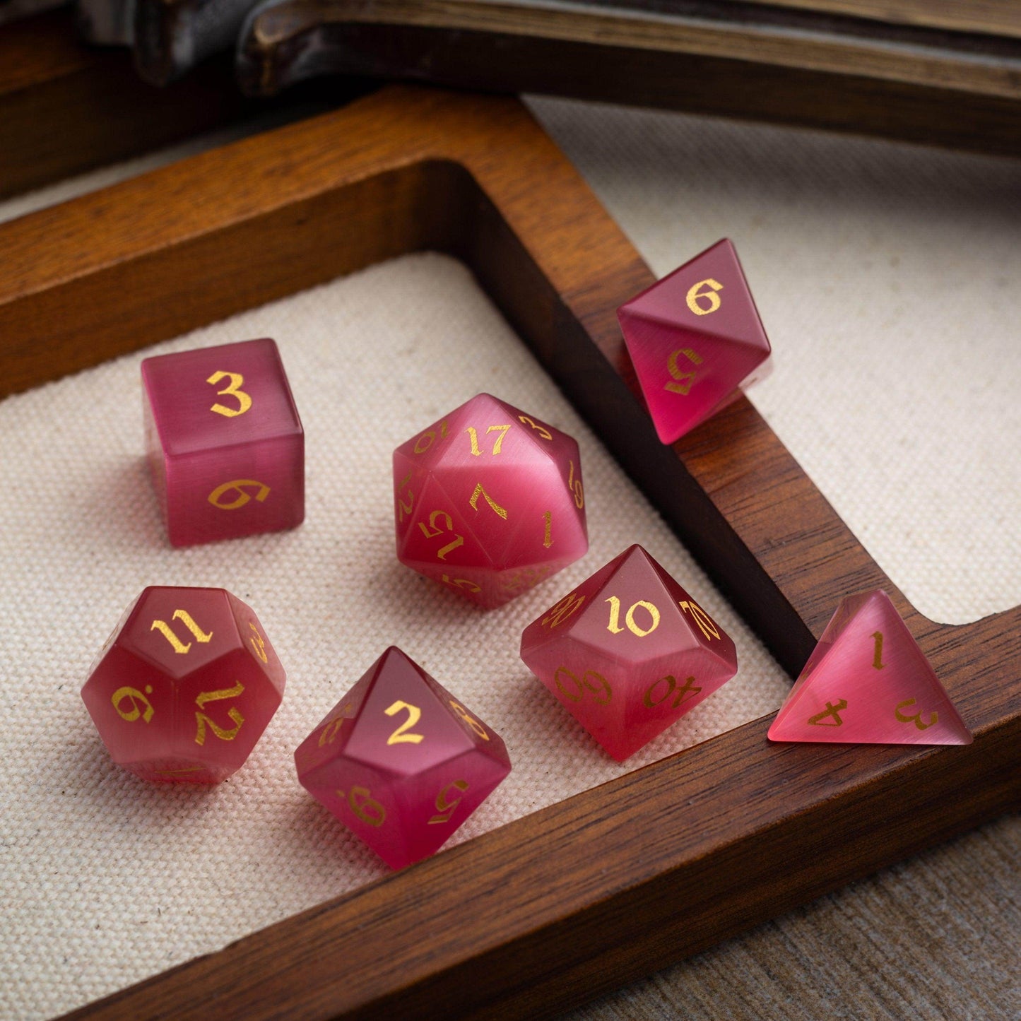 Gemstone Rose Red Cats Eye Stone Hand Carved DND Dice Set - Full Set And Free Dice Box