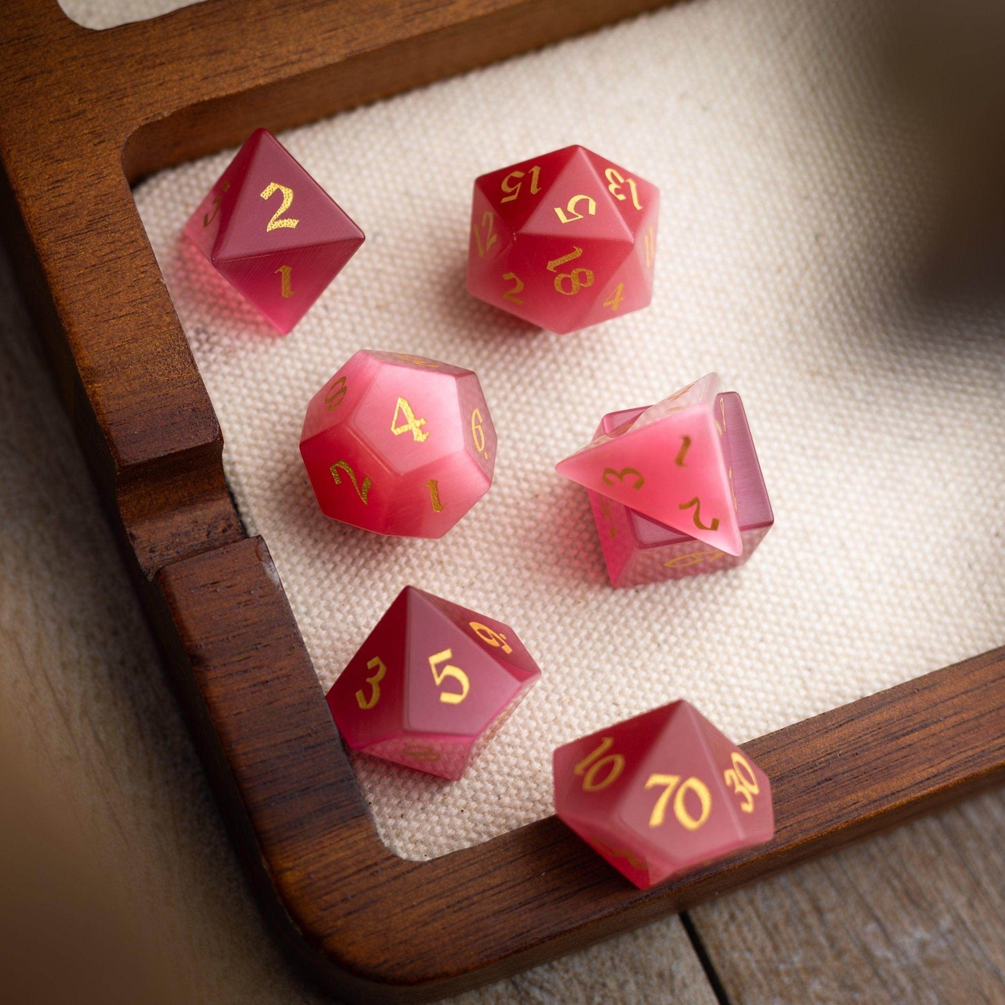 Gemstone Rose Red Cats Eye Stone Hand Carved DND Dice Set - Full Set And Free Dice Box