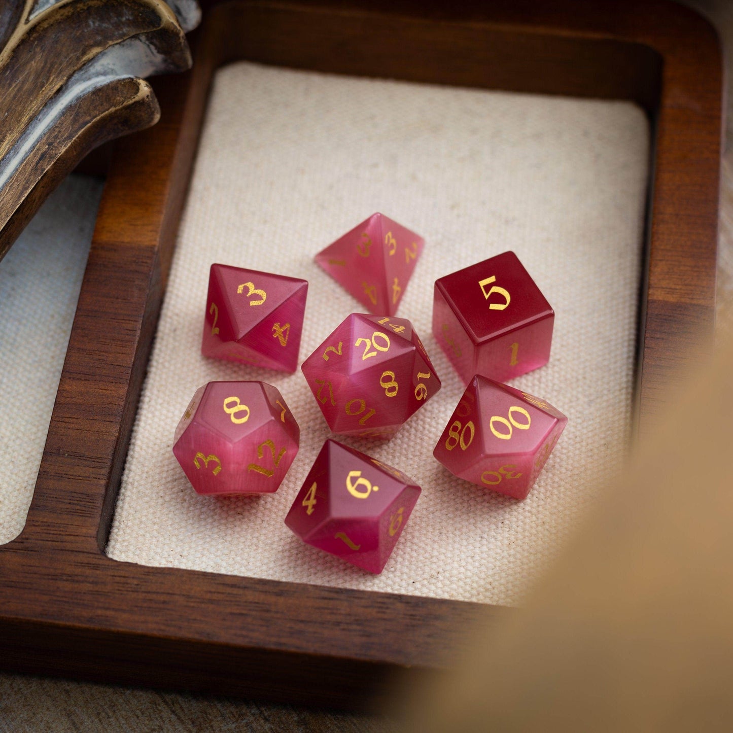 Gemstone Rose Red Cats Eye Stone Hand Carved DND Dice Set - Full Set And Free Dice Box