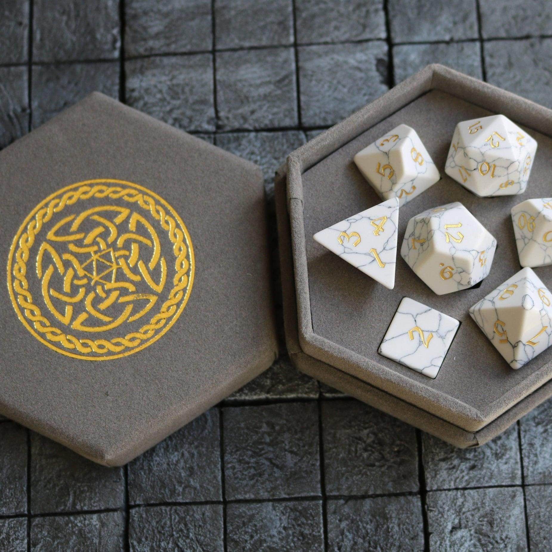 Gemstone Synthetic Magnesite Hand Carved (And Box) DND Dice Set - 