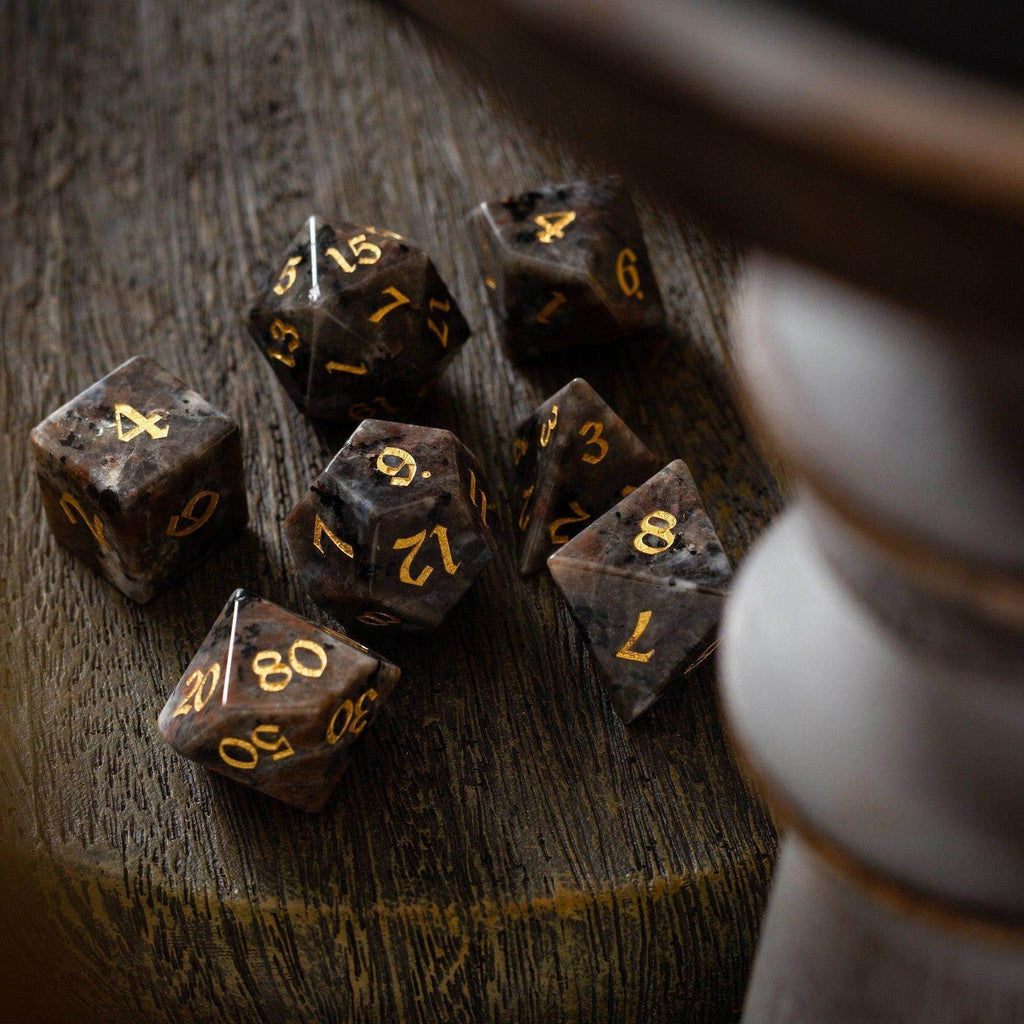Gemstone Yooperlite Hand Carved DND Dice Set - Full Set And Free Dice Box