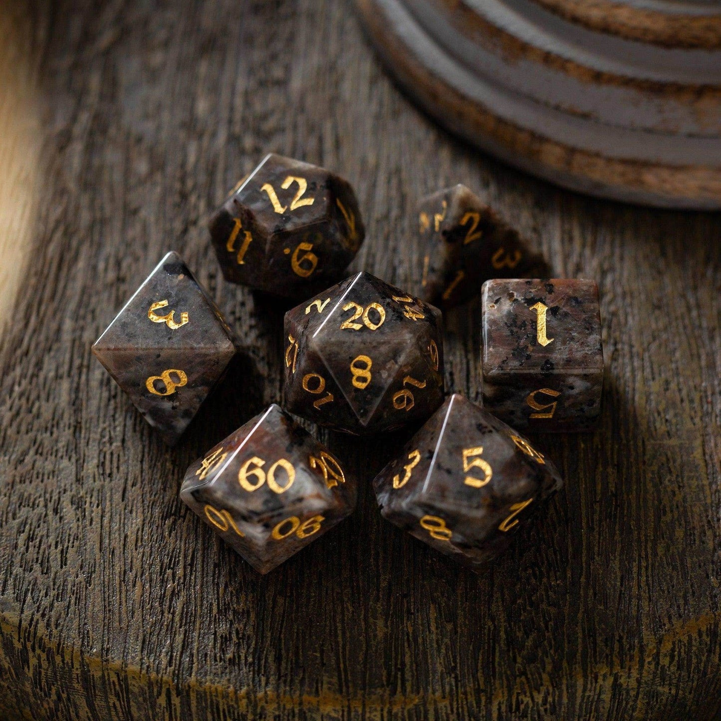 Gemstone Yooperlite Hand Carved DND Dice Set - Full Set And Free Dice Box