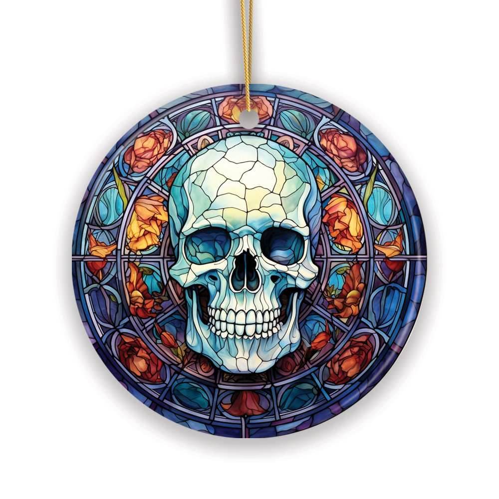 Ghastly Grin Spooky Halloween Skull Stained Glass Style Ceramic Ornament, Halloween Themed Christmas Gift and Decor - Circle