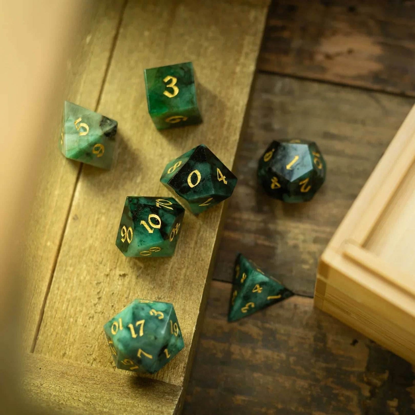 Green Emerald Gemstone DND Dice Set - Full Set And Free Dice Box