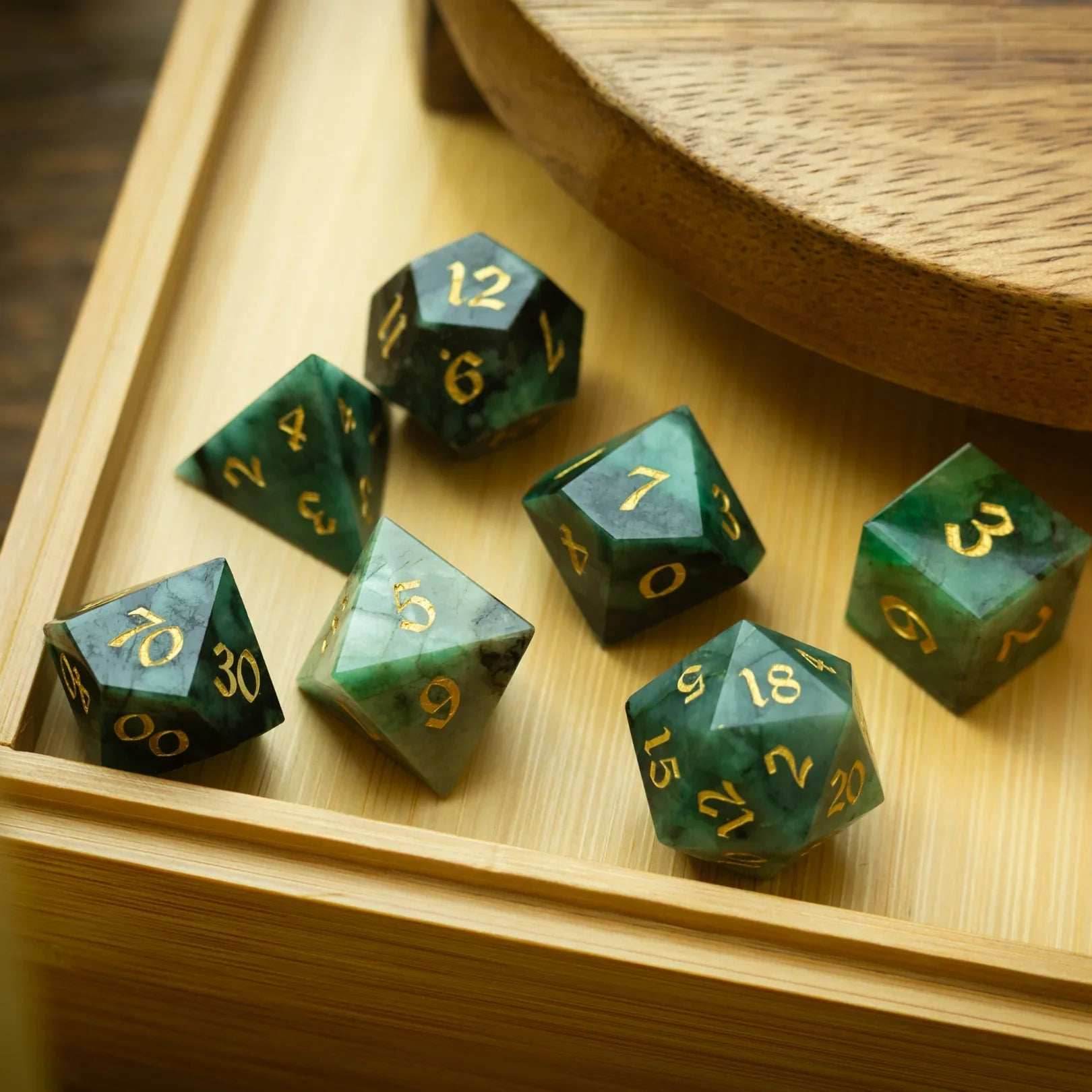 Green Emerald Gemstone DND Dice Set - Full Set And Free Dice Box