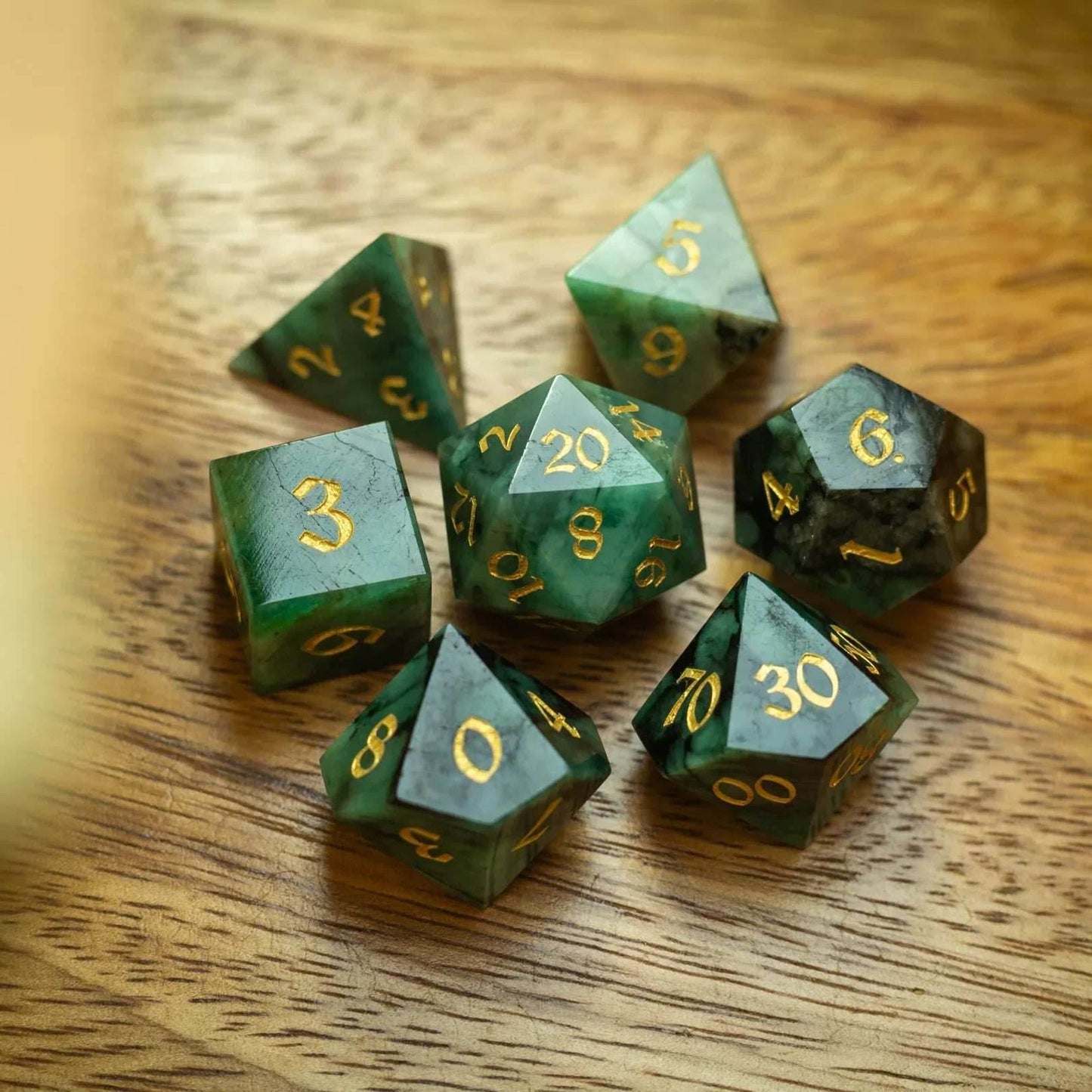 Green Emerald Gemstone DND Dice Set - Full Set And Free Dice Box