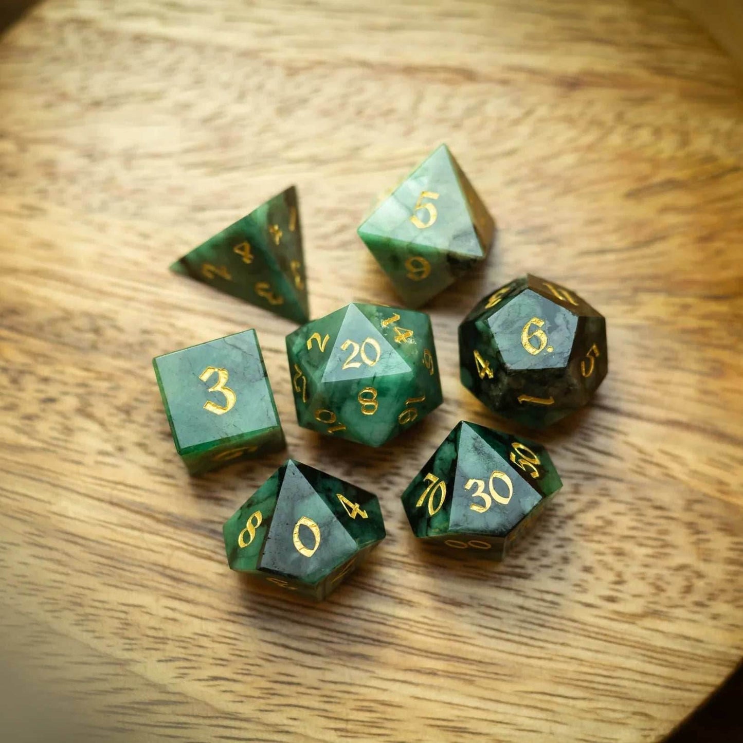 Green Emerald Gemstone DND Dice Set - Full Set And Free Dice Box