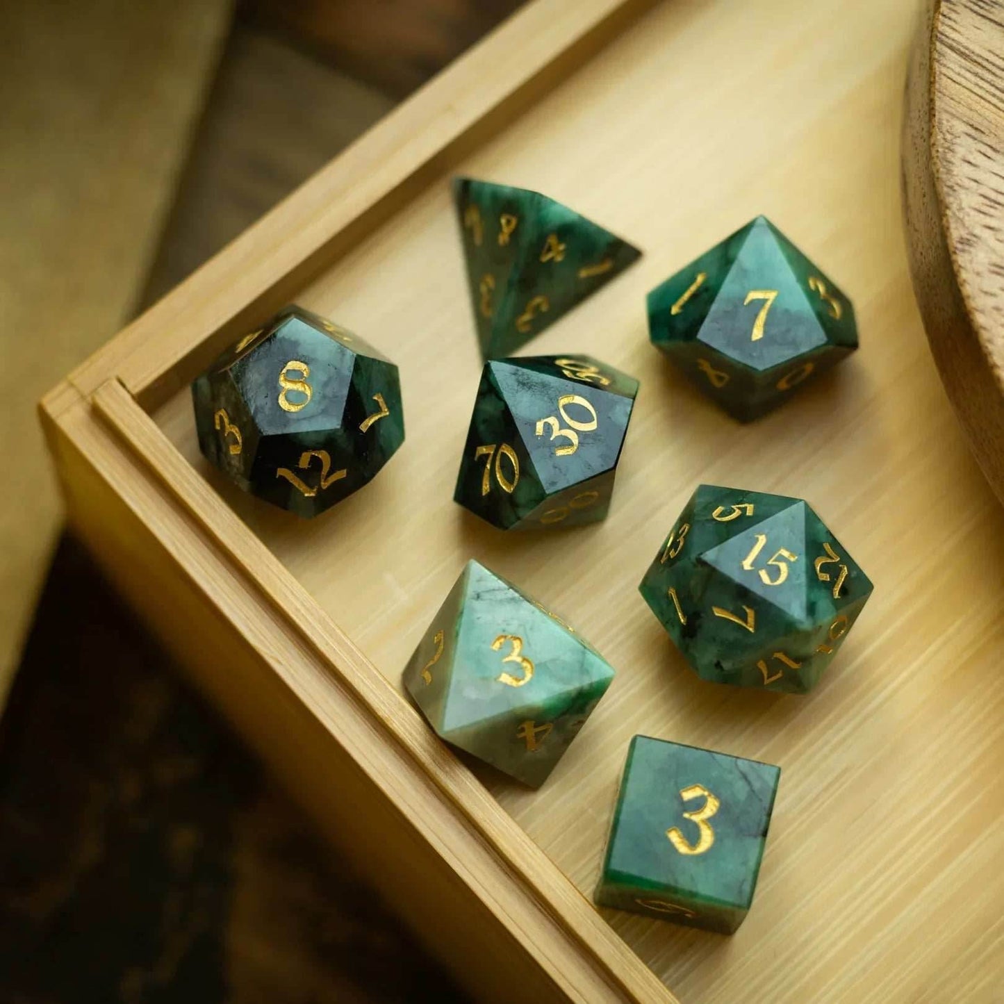 Green Emerald Gemstone DND Dice Set - Full Set And Free Dice Box