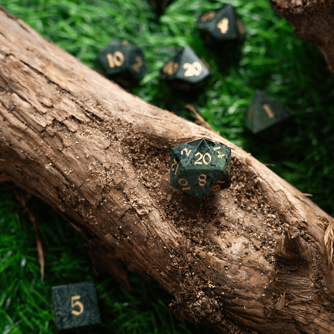 Gemstone Green Eyed Hand Carved DND Dice Set - 