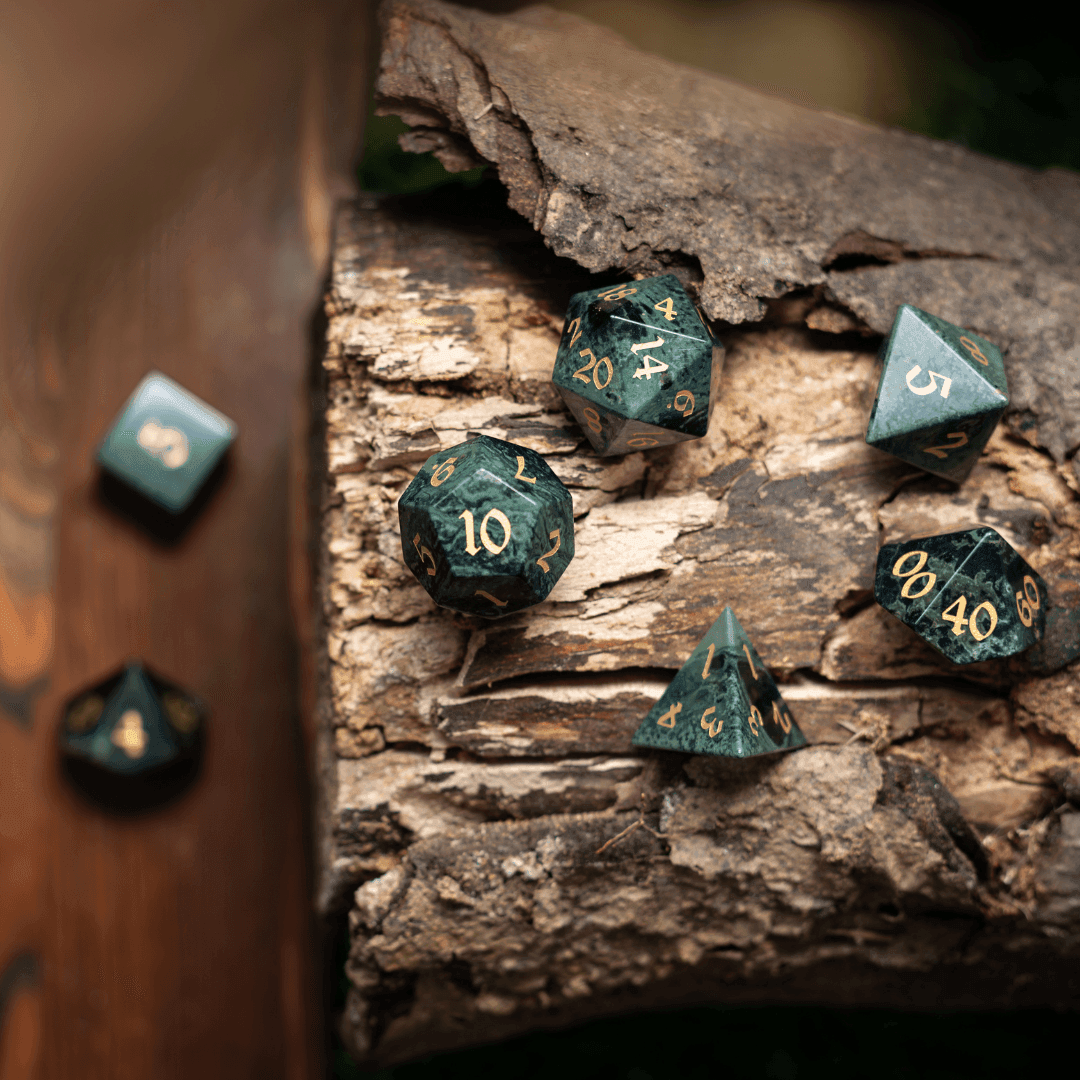 Gemstone Green Eyed Hand Carved DND Dice Set - 