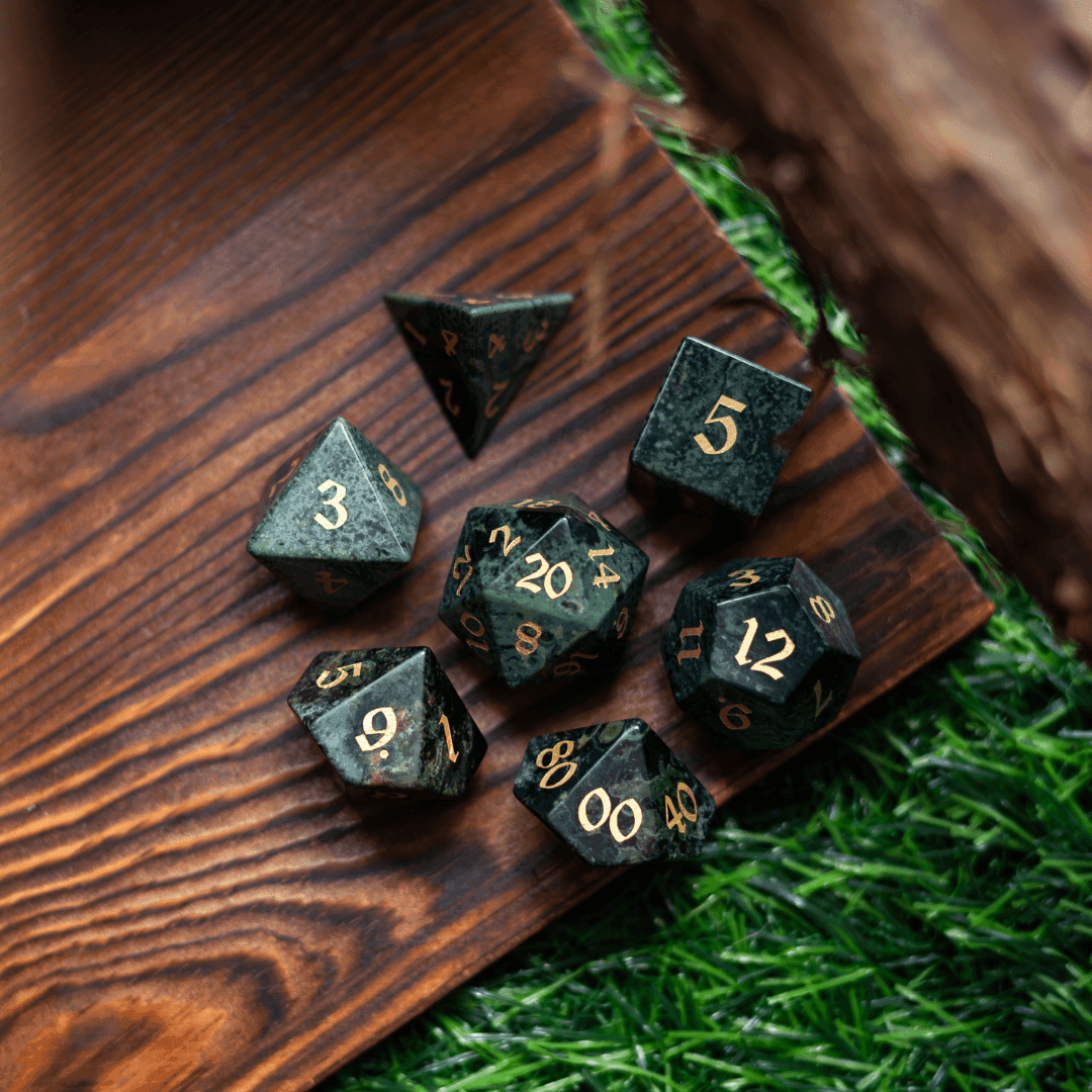 Gemstone Green Eyed Hand Carved DND Dice Set - 
