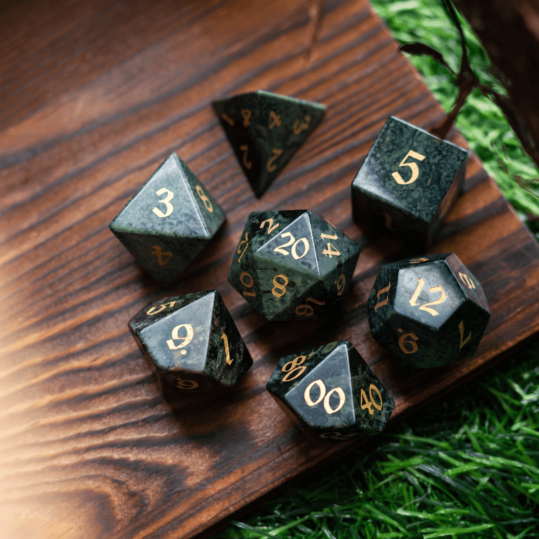Gemstone Green Eyed Hand Carved DND Dice Set - 