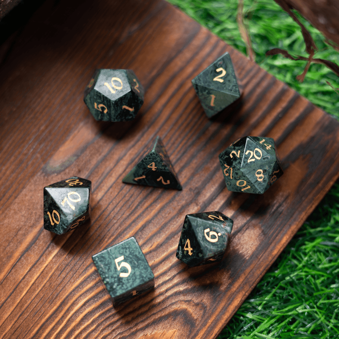 Gemstone Green Eyed Hand Carved DND Dice Set - 