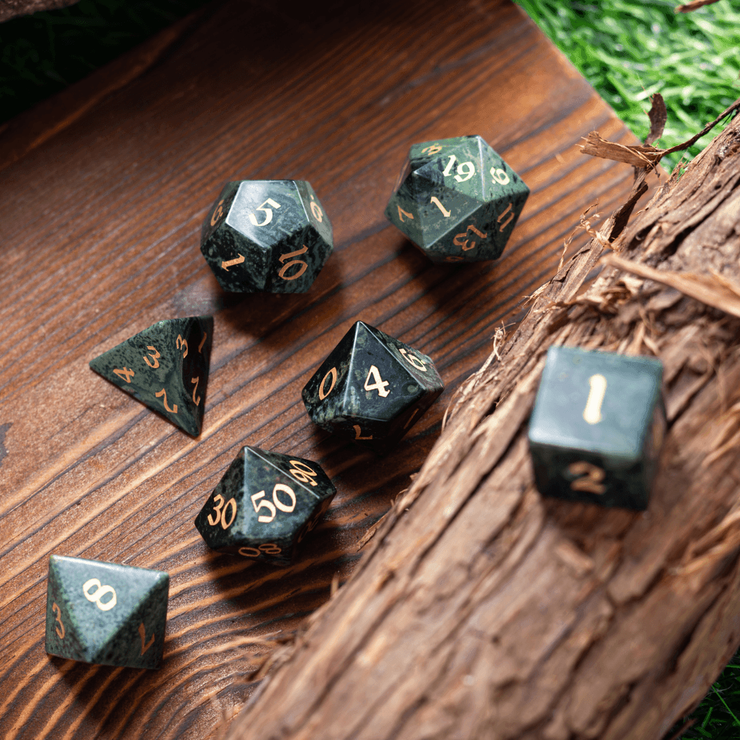 Gemstone Green Eyed Hand Carved DND Dice Set - 