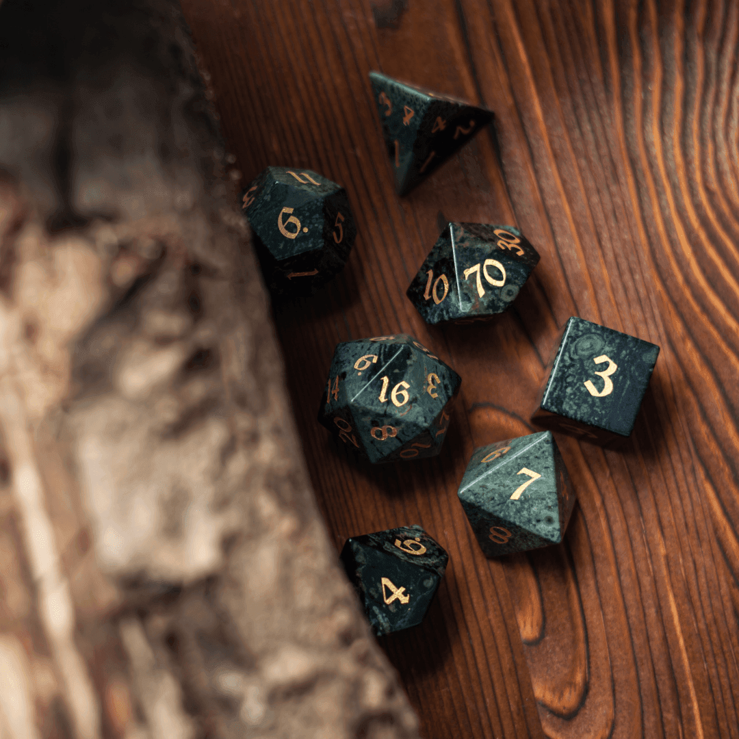Gemstone Green Eyed Hand Carved DND Dice Set - 