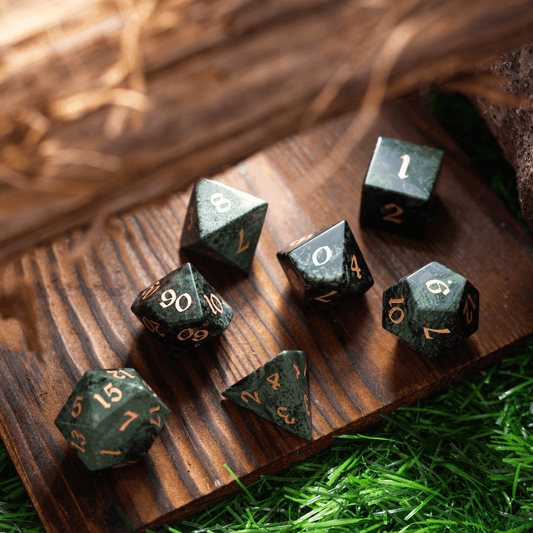 Gemstone Green Eyed Hand Carved DND Dice Set - 