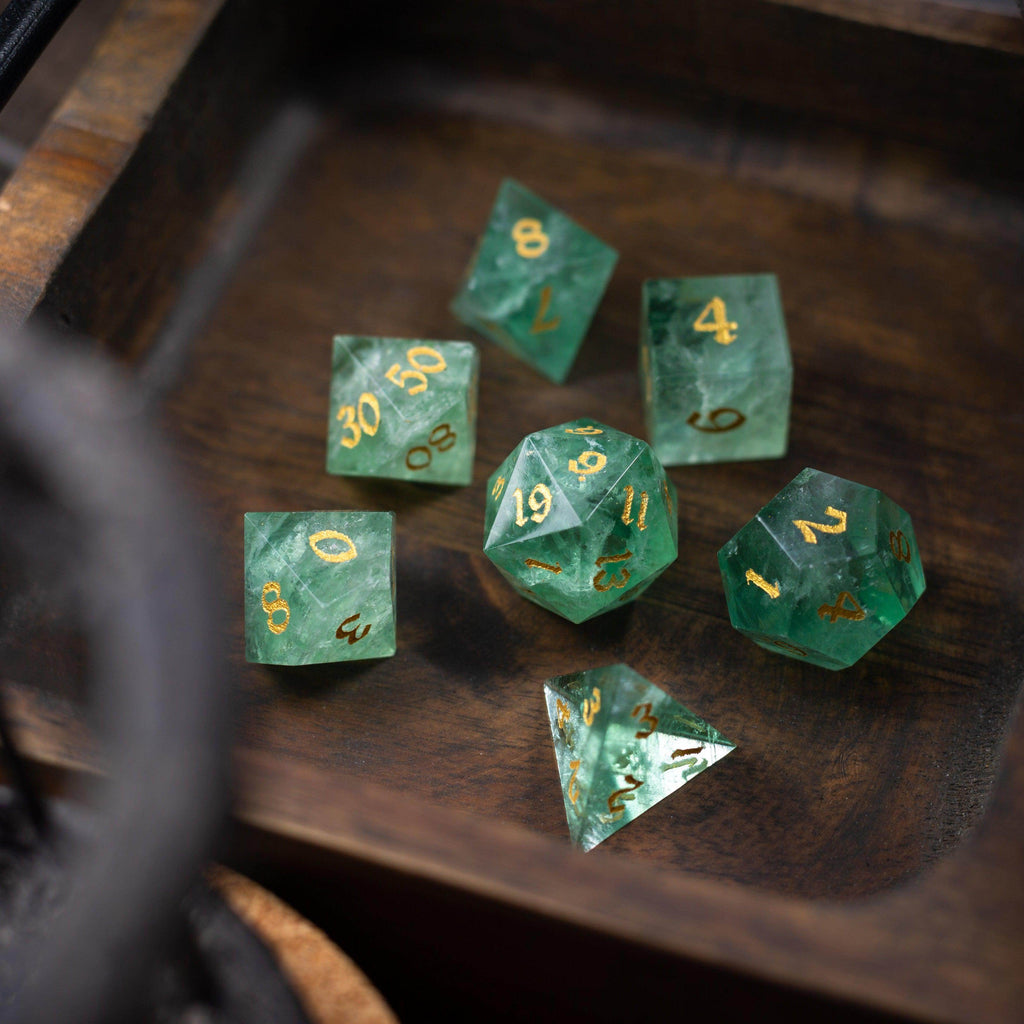 Green Fluorite Gemstone (Chlorophane) Hand Carved DND Dice Set - Full Set And Free Box