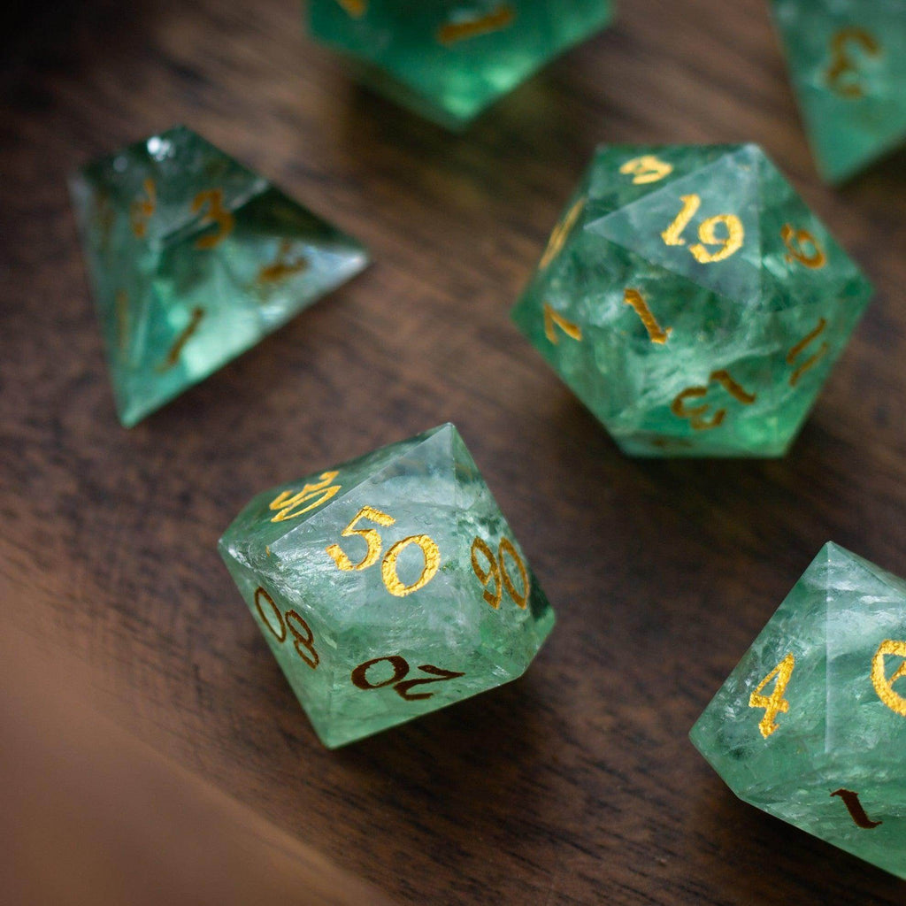 Green Fluorite Gemstone (Chlorophane) Hand Carved DND Dice Set - Full Set And Free Box