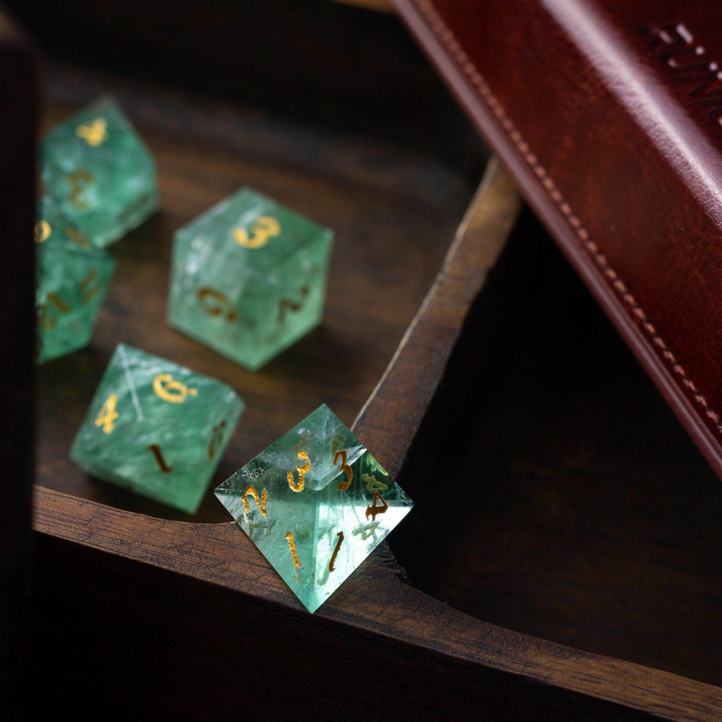 Green Fluorite Gemstone (Chlorophane) Hand Carved DND Dice Set - Full Set And Free Box