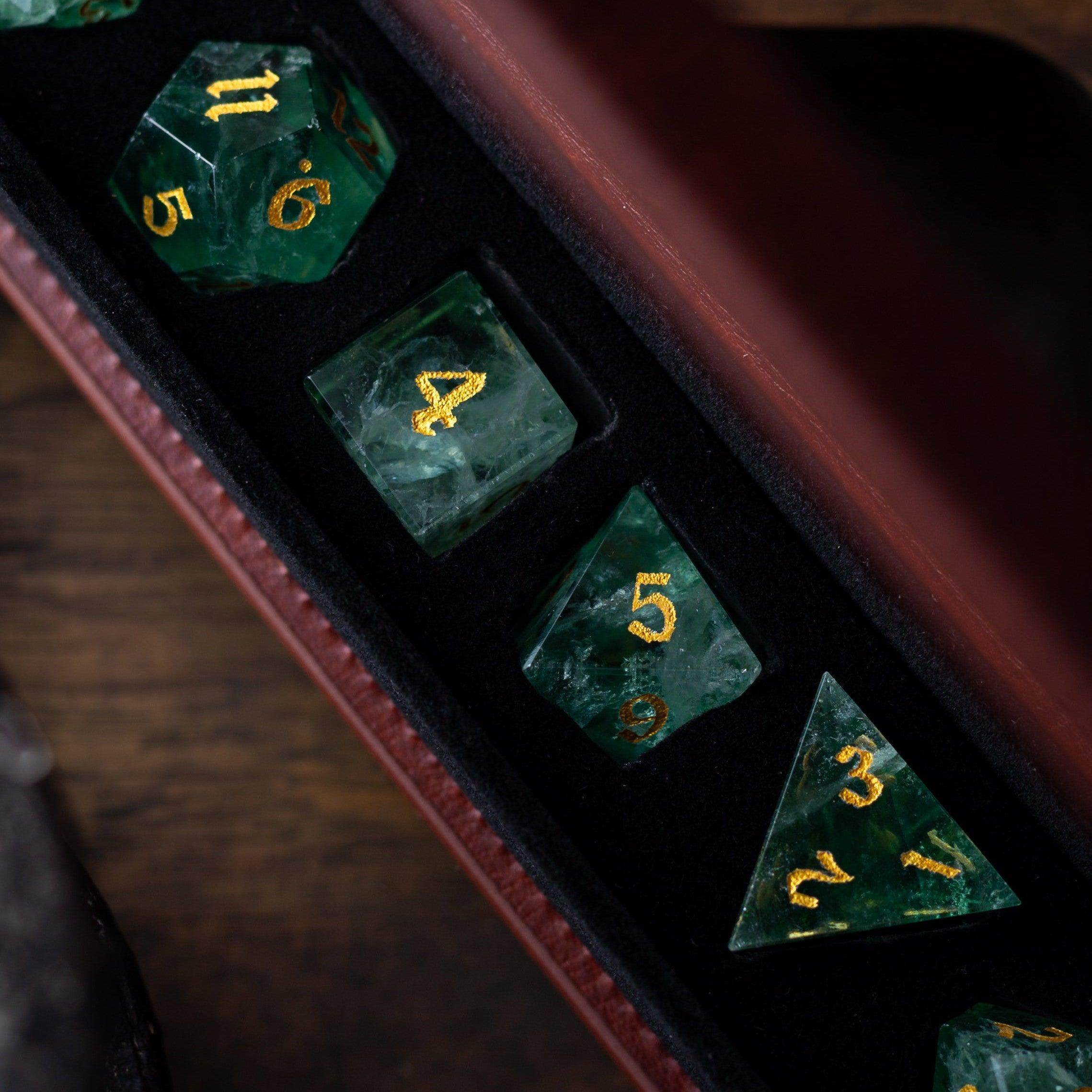Green Fluorite Gemstone (Chlorophane) Hand Carved DND Dice Set - Full Set And Free Box