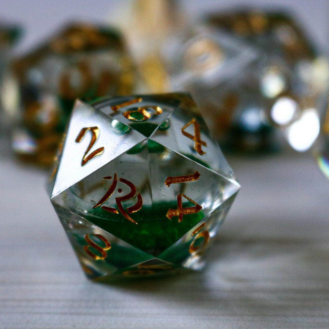 Green Glitter Liquid Core Handmade Sharp Edge Resin DND Dice Set - 1 D20 (Not Full Set)