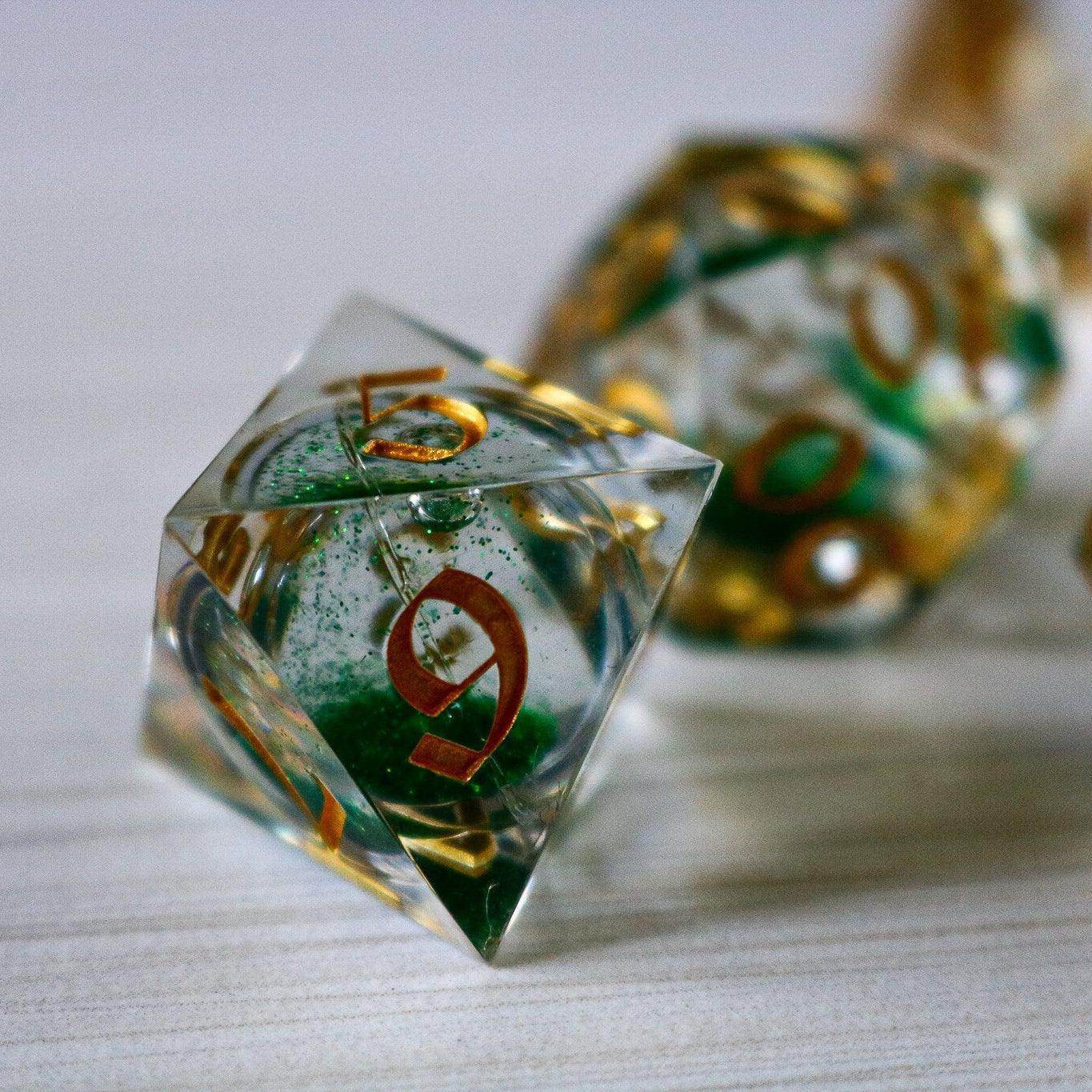 Green Glitter Liquid Core Handmade Sharp Edge Resin DND Dice Set - 1 D20 (Not Full Set)