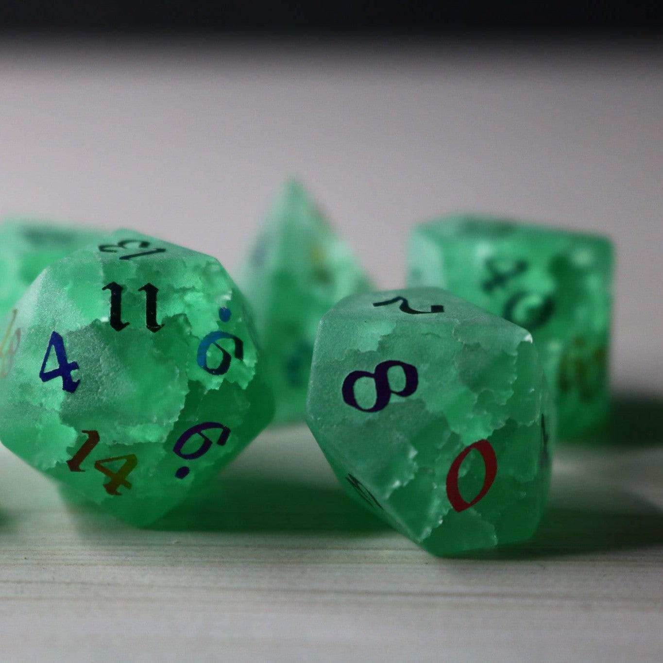 Green Mint Inked Lightning Cracked Glass DND Dice Set - Full Set And Free Dice Box
