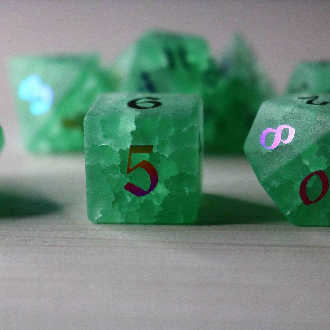 Green Mint Inked Lightning Cracked Glass DND Dice Set - Full Set And Free Dice Box