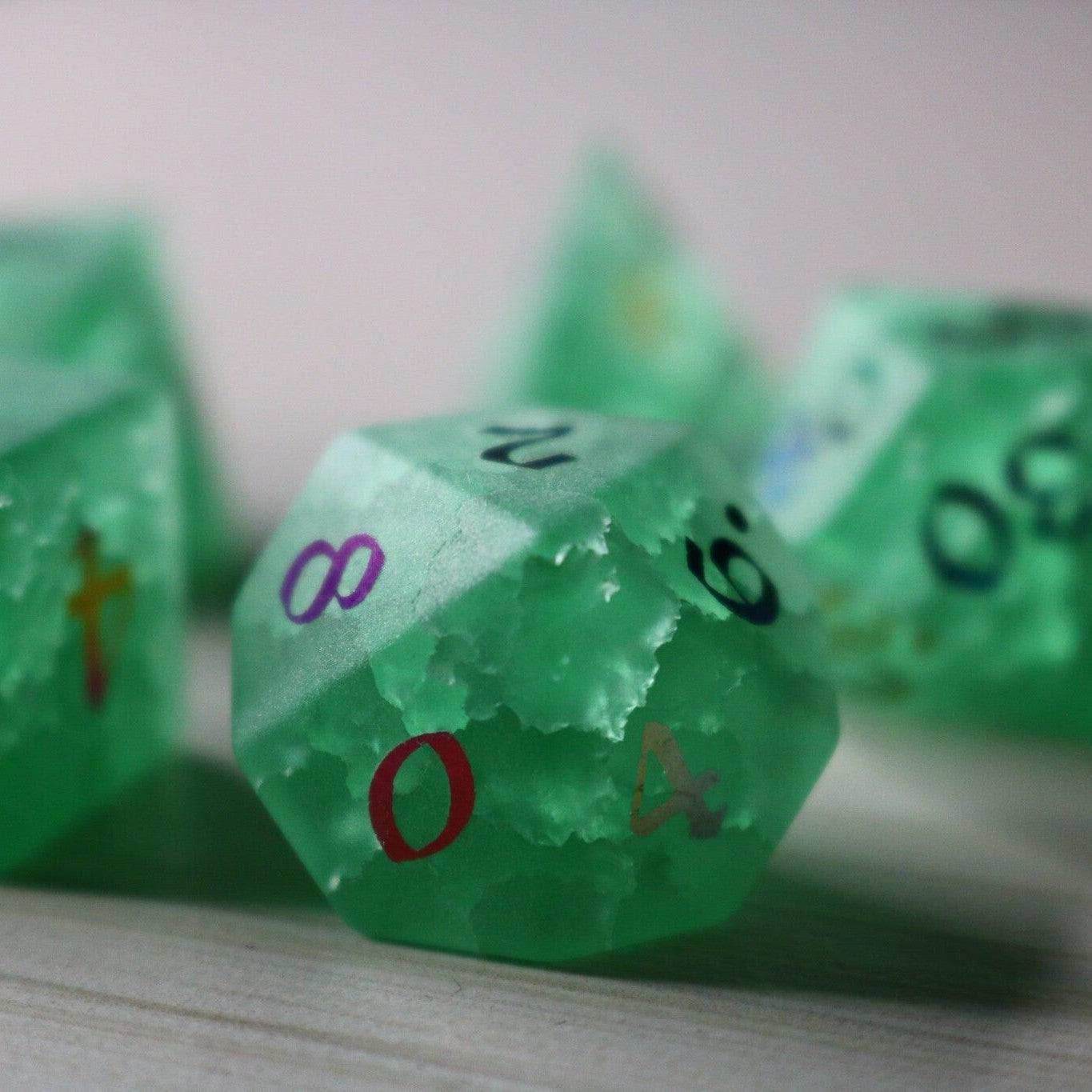 Green Mint Inked Lightning Cracked Glass DND Dice Set - Full Set And Free Dice Box