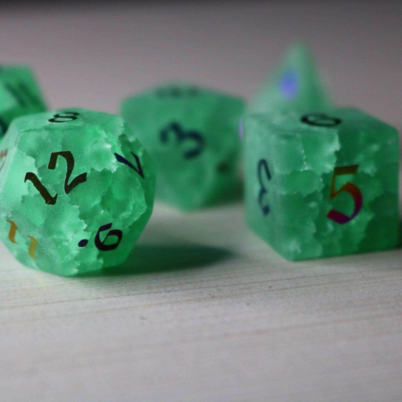 Green Mint Inked Lightning Cracked Glass DND Dice Set - Full Set And Free Dice Box