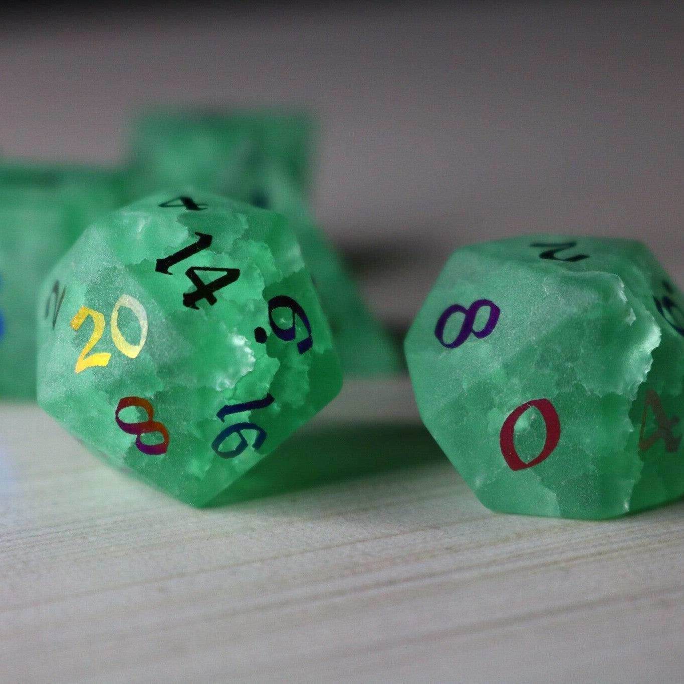 Green Mint Inked Lightning Cracked Glass DND Dice Set - Full Set And Free Dice Box